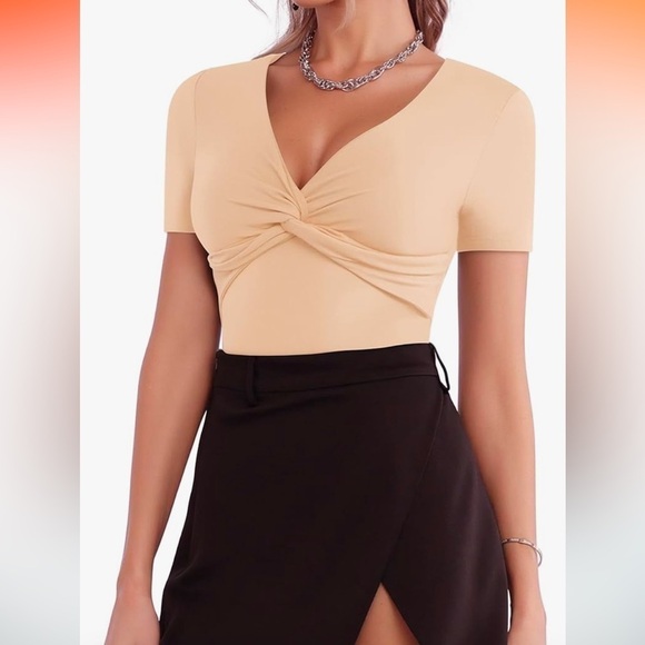 NWT MANGOPOP Women's Sexy Twist Front Deep V Neck Short Sleeve Bodysuit M - Picture 5 of 7